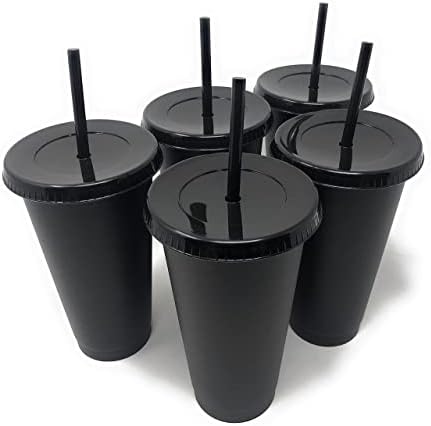 כוסות פלסטיק שחורות מט עם מכסים וקשיות כוס קר לשימוש חוזר בכוס קרה | 24oz - 5 חבילה | התאמה אישית והתאמה אישית